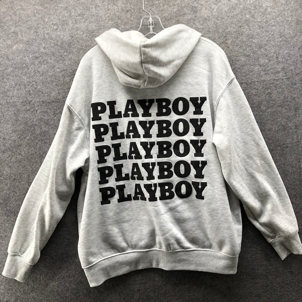 Playboy Zip Hoodie Mens L Gray Lightweight Bunny‎ Logo Graphic